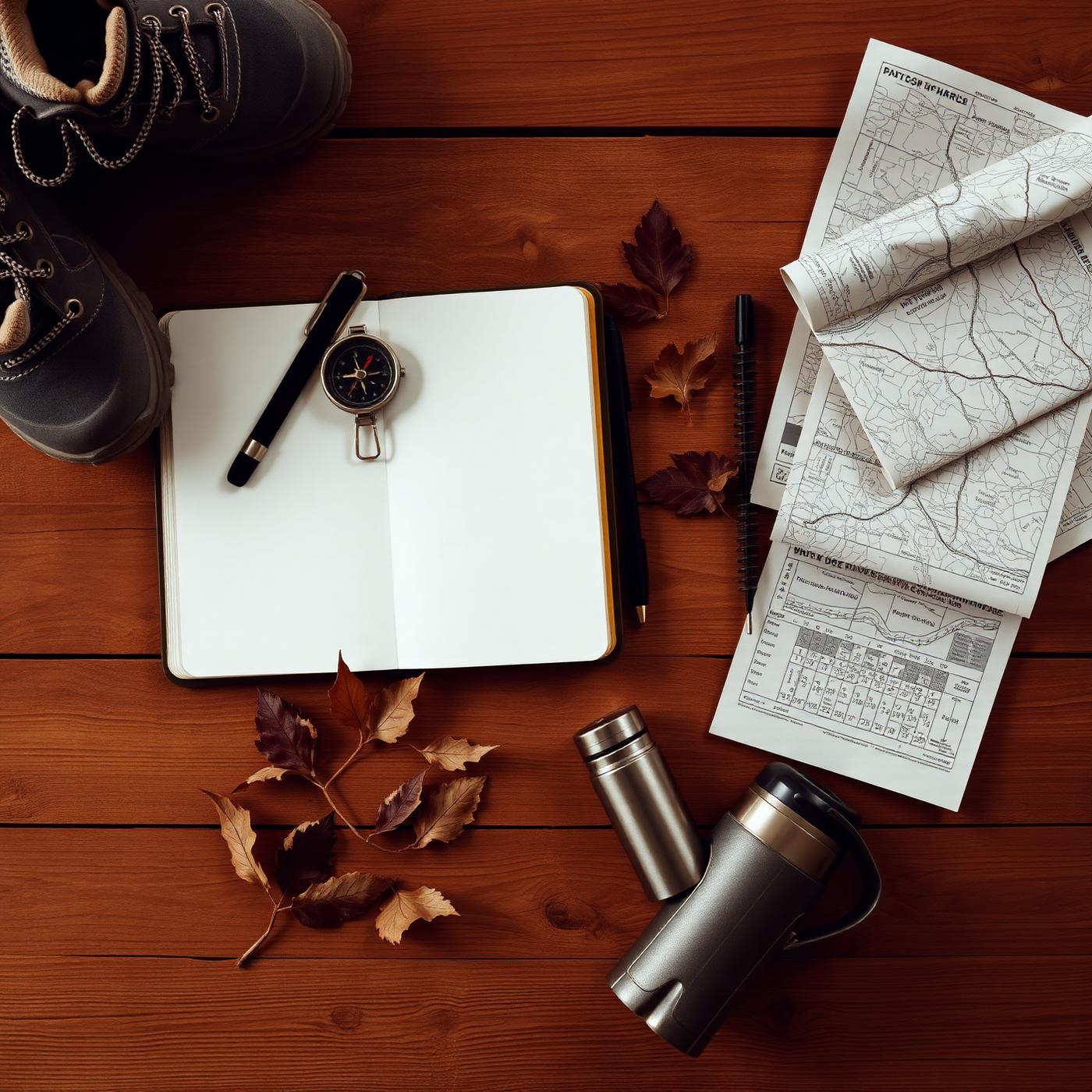 Wandelplanner op tafel met kompas, kaart en wandelschoenen